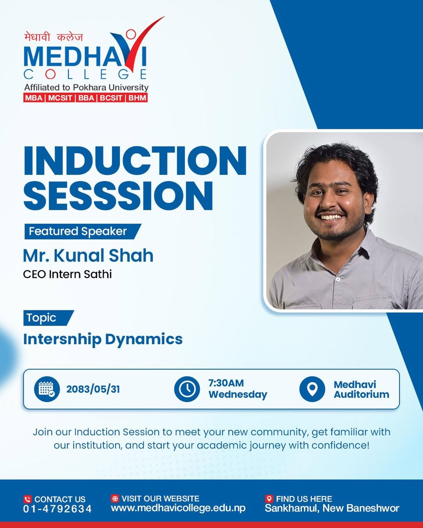 Official Medhavi College Day 7 induction session announcement featuring Kunal Sah